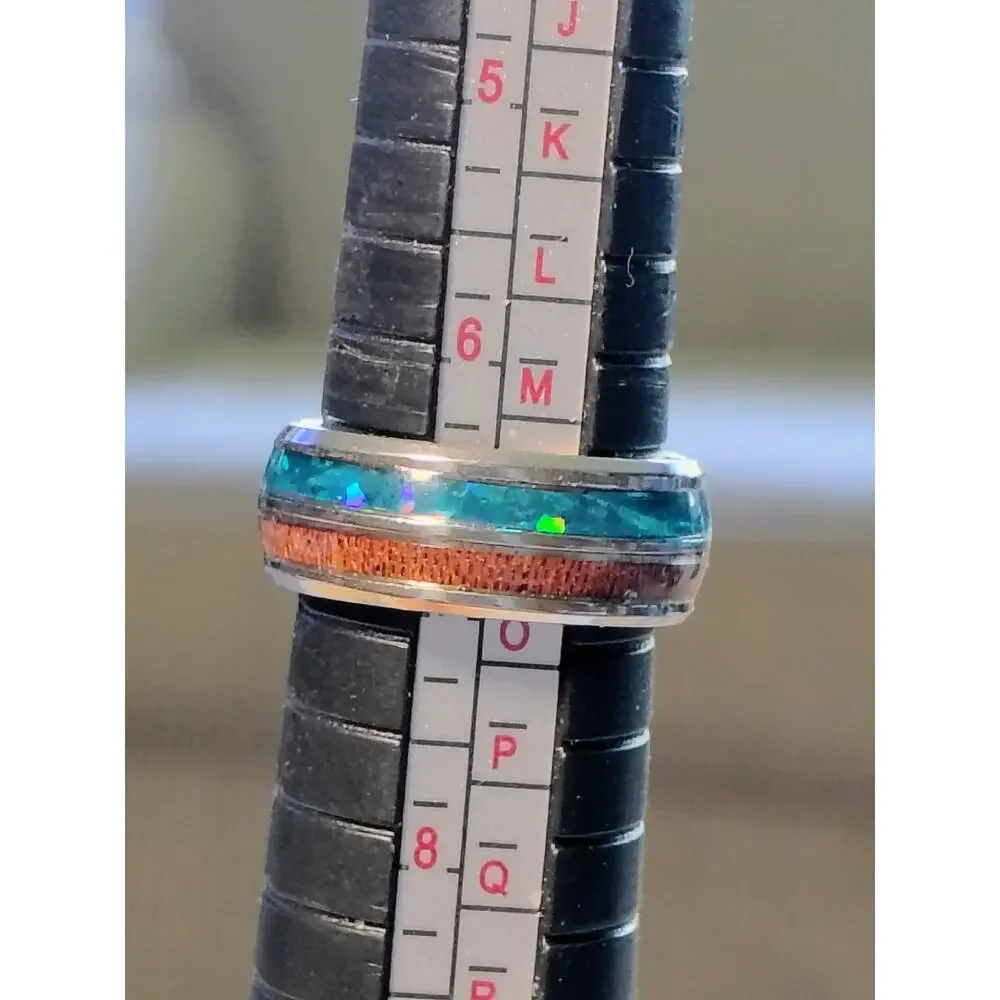 Blue Opal Koa Wood Inlay Comfort Band Ring Size 7